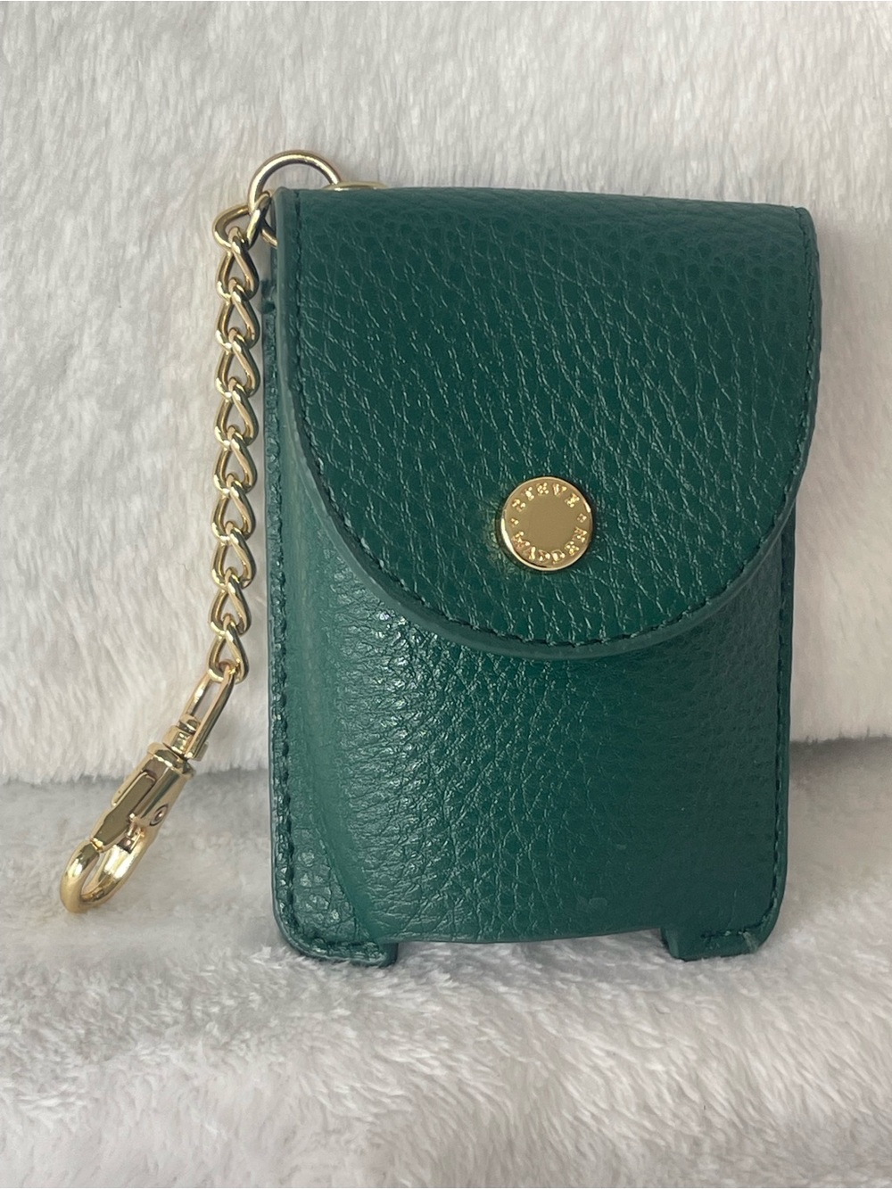 Steve Madden Green, leather hand sanitizer or card holder keychain